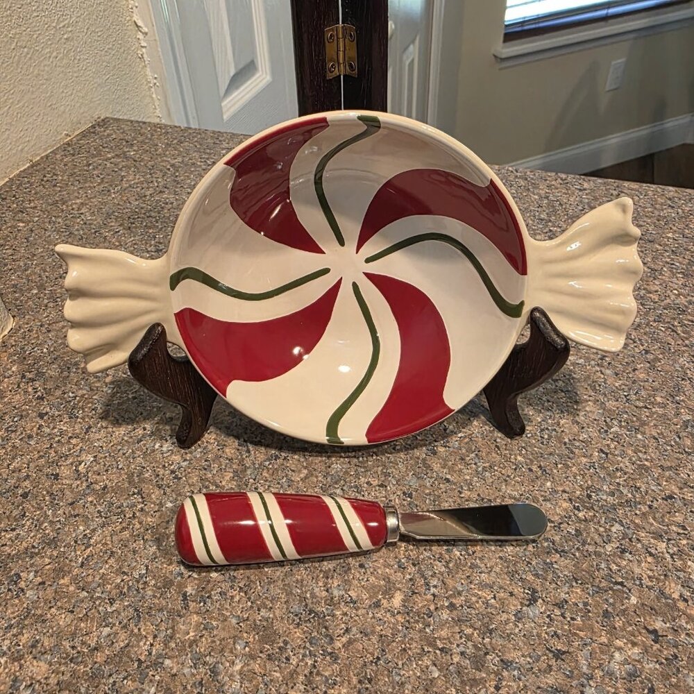 Longaberger Peppermint Twist Dip Bowl & Spreader Set Christmas Candy Decor NIB‎
